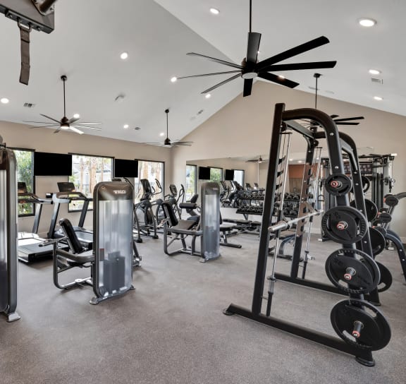 a gym with weights and cardio equipment and ceiling fans  at The Sophia, Venice, Florida
