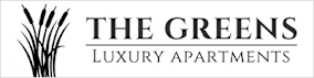 The logo for The Greens Luxury Apartments features a plant graphic to the left of the text.