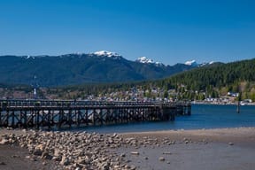 a beach with a pier and mountains in the background