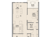 Thumbnail 1 of 6 - A floor plan of an apartment with a balcony, kitchen, bathroom, and two bedrooms.