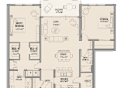 Thumbnail 7 of 14 - A floor plan of a house with a master bedroom, two bathrooms, a living room, a dining room, a kitchen, and a utility space.