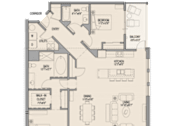 Thumbnail 4 of 14 - A floor plan of a house with a master bedroom, two bathrooms, a kitchen, a dining area, a living room, and a balcony.