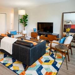 A living room with a black leather chair and a colorful rug.