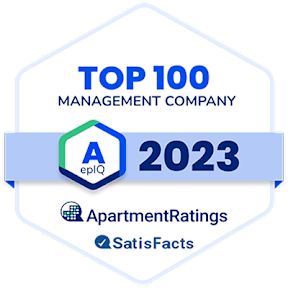 The image displays a badge indicating that a company has been recognized as one of the top 100 management companies in 2023 by Apartment Ratings and SatisFacts.