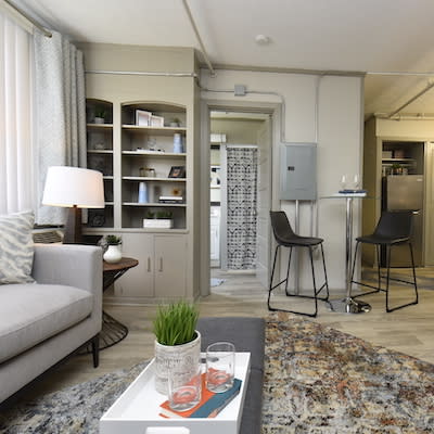 Studio apartment with built-in shelving, wood-style floors, model furnishing, and model decor
