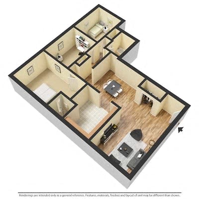 Floor Plan  Three bedroom, two bathroom apartments available