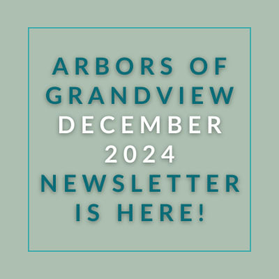 The image announces the release of the Arbors of Grandview December 2024 newsletter.