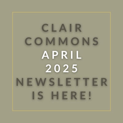 a yellow background with the words clair commons april 2024 newelsen is here