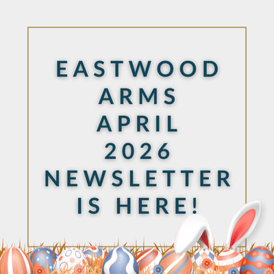 a white and blue background with the words eastwood arms december 2024 newsletter is