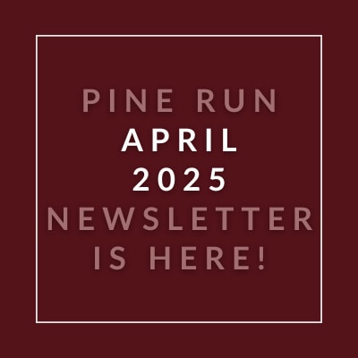 A red square with white text announcing the Pine Run December 2024 Newsletter.