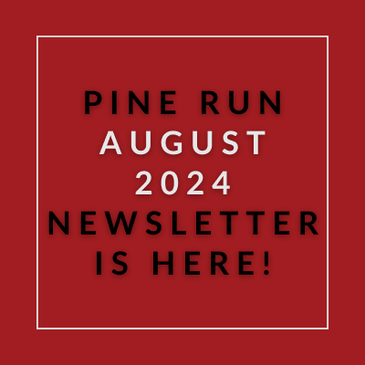 a white box with the words pine run august 2024 new settler is here