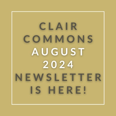 a brown background with a white outline and yellow text that reads clear commons august 23 newsletter