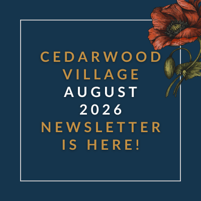 The image announces the release of the Cedarwood Village February 2025 newsletter.