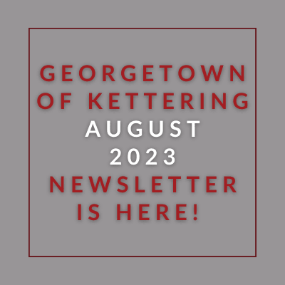 a red rectangle with the words georgetown of kiting july 23 23 newsletter is