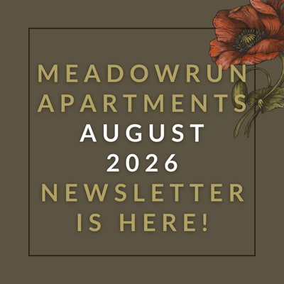 A black background with a border of pink and red hearts announces the Meadowrun Apartments February 2025 newsletter.