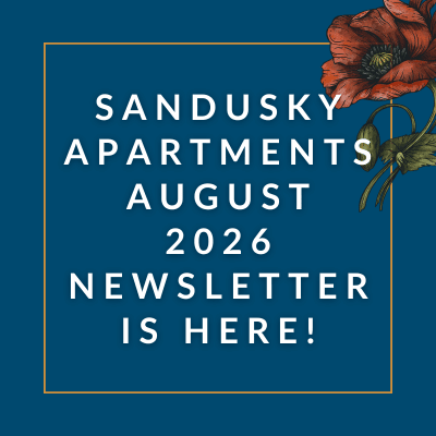 The image announces the availability of the Sandusky Apartments February 2025 Newsletter.