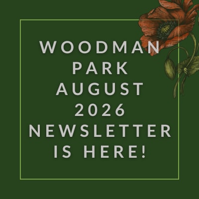 A green newsletter cover for Woodman Park in February 2025.