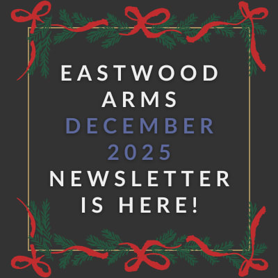 a blue background with a gold border and text that says eastwood arms apartments april 23