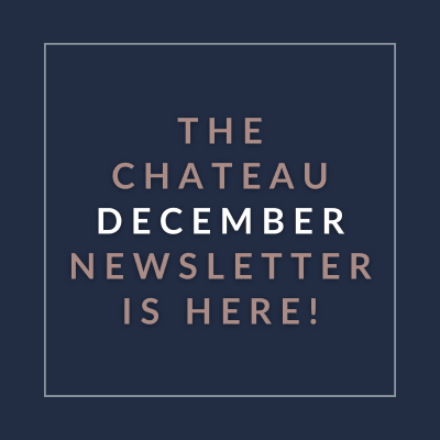 an illustration of a navy blue background with the words the chateau december