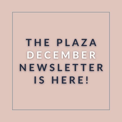 a peach background with the words the plaza december newsletter is here