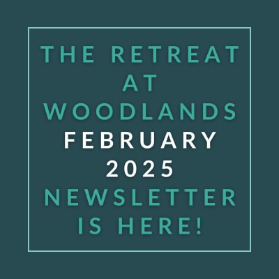 a aqua background with a white font with the words the retreat at woodlands