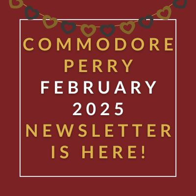A yellow square with black text announcing the Commodore Perry December 2024 Newsletter.