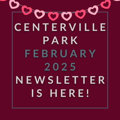 a brown background with a blue border and the words centerville park april 23 newsletter is