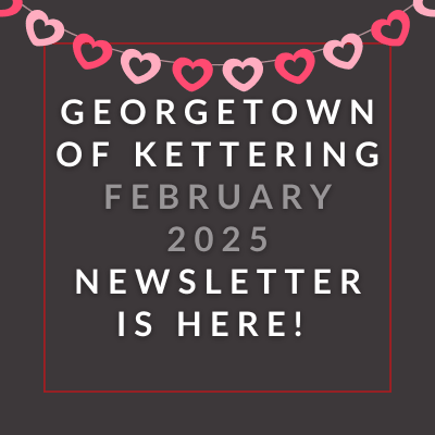 a gray background with a red border and the words georgetown of kettling april