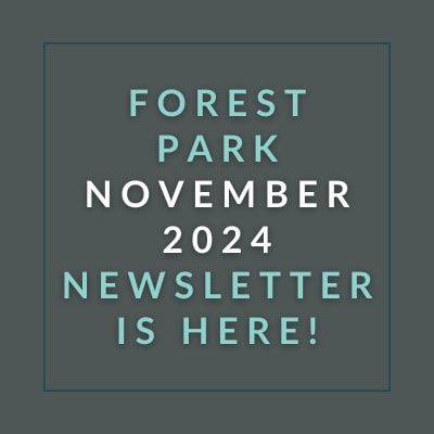 a green background with the words forest park may 23 newspaper is here on it