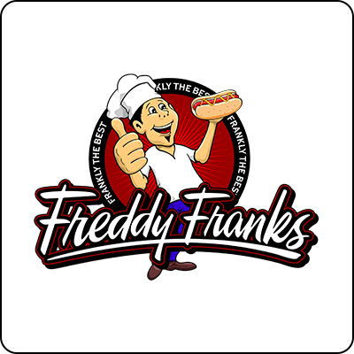 A cartoon chef character is giving a thumbs up in the center of a logo for Freddy Franks.