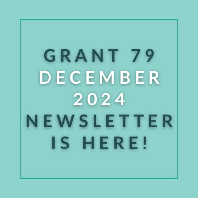 an aqua background with the words grain 79 november 2024 newsletter is here