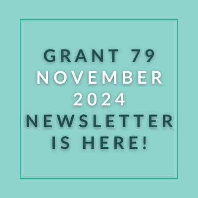 an aqua background with the words grain 79 november 2024 newsletter is here