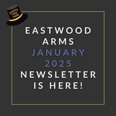 a blue background with a gold border and text that says eastwood arms apartments april 23
