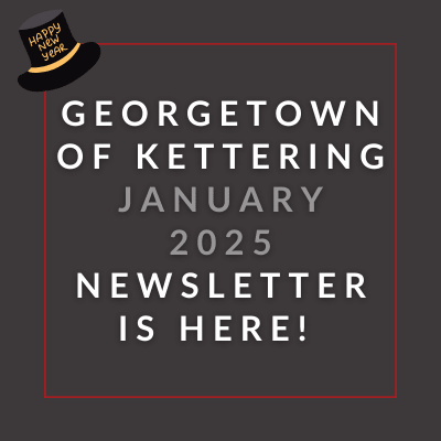 a gray background with a red border and the words georgetown of kettling april