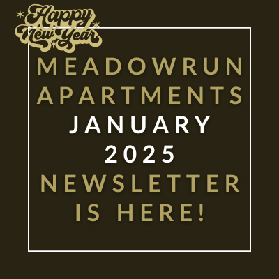 The image is a cover page of the Meadowrun Apartments January 2025 newsletter.