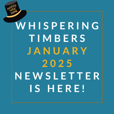 the white text on an orange background reads whispering timbers february 2024 newsletter