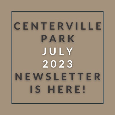 a brown background with a blue border and the words centerville park july 23,2013