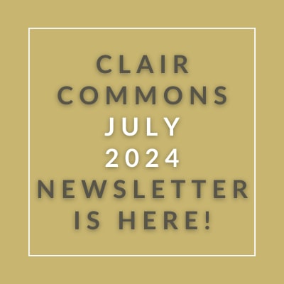 a brown background with a white outline and yellow text that reads clair commons july 23