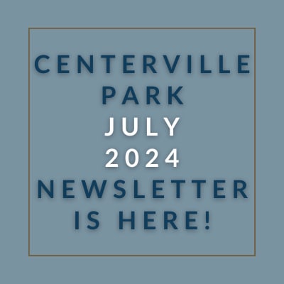 a brown background with a blue border and the words centerville park april 23 newsletter is