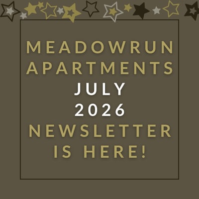 A black background with a border of pink and red hearts announces the Meadowrun Apartments February 2025 newsletter.