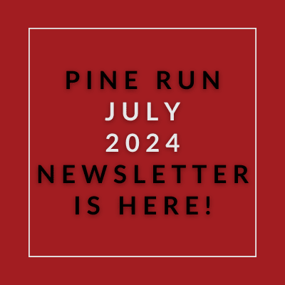 a white box with the words pine run july 2024 new settler is here