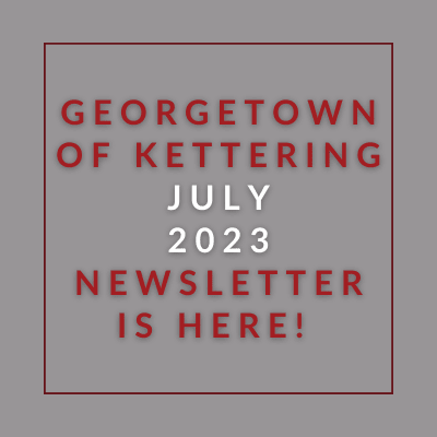 a red rectangle with the words georgetown of kiting july 23 23 newsletter is