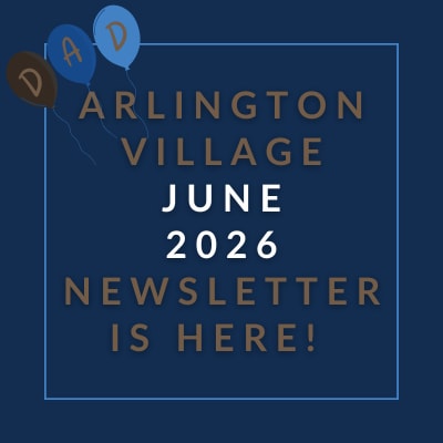 The image announces the Arlington Village February 2025 newsletter.