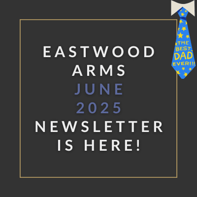 a blue background with the words eastwood arms february 2024 newsletter is here