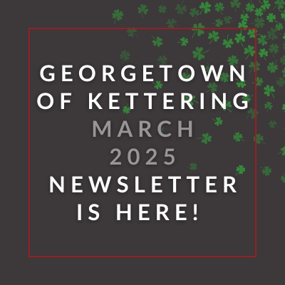 A red square with white text announcing the Georgetown of Kettering December 2024 newsletter.