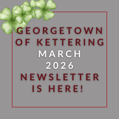 a gray background with a red border and the words georgetown of kettling april