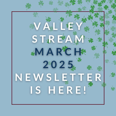 a white frame on a blue background with the words valley stream january 2024 newsletter
