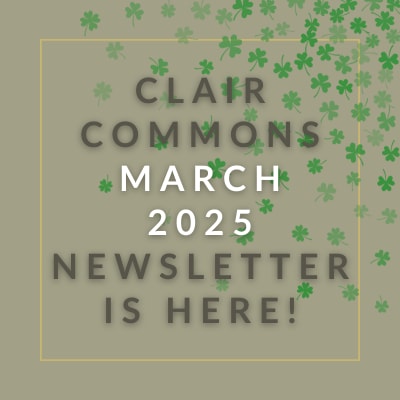 a gold background with the words clair commons march 2024 newsletter is here