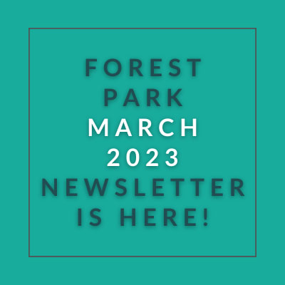 a green square with the words forest park march 23 23 newspaper is here