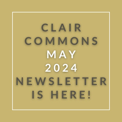 a brown background with a white outline and yellow text that reads, ``clair commons may
